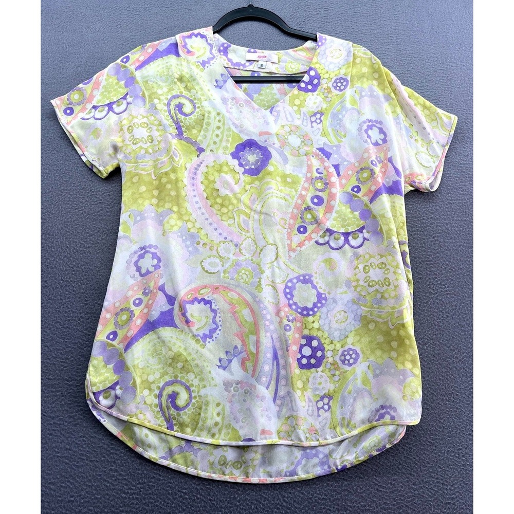Leggiadro Blouse Wmns 2 100% Silk Paisley Floral V-Neck Yellow Purple NYC Made